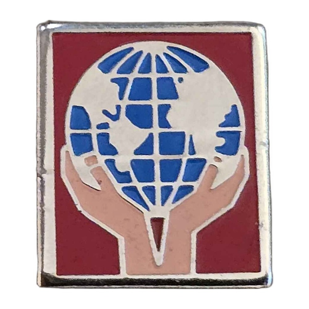Vintage Hands Holding Globe Red Background Lapel Vest Hat Pin K8